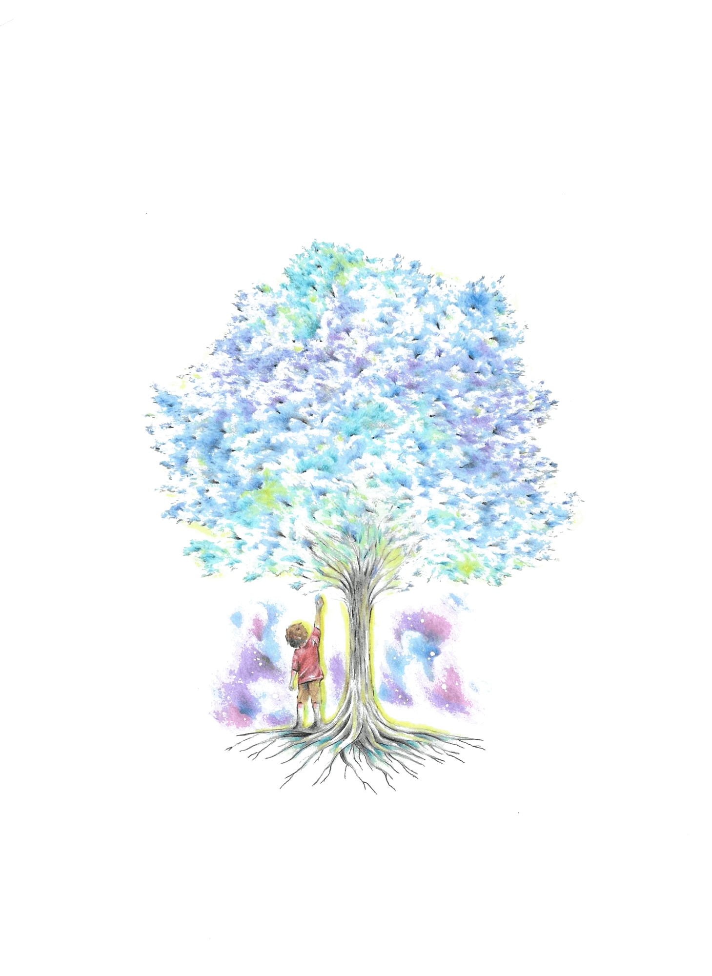 Aquarelle d'un arbre au feuillage bleu et lavande ; un enfant en t-shirt corail s'appuie contre le tronc, entouré d'un halo lumineux.